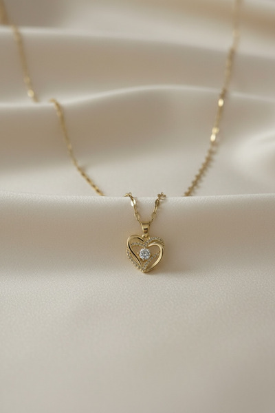 morbella Stone Detailed Heart Necklace Gold Stainless Steel Minimal Stylish W...