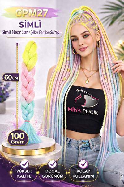 Mina Peruk Simli Neon Sarı / Şeker Pembe / Su Yeşili Ombreli Örgülük Saç 100 Gr.