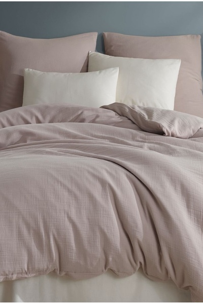 NazeninHome Σετ Παπλωματοθήκης Μουσελίνας Διπλό Μπεζ |   Με σεντόνια