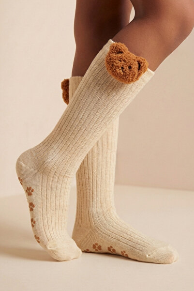 Katia&Bony Μπεζ Melange Κοριτσίστικες Κάλτσες Γόνατου - Teddy Bear Λεπτομερείς