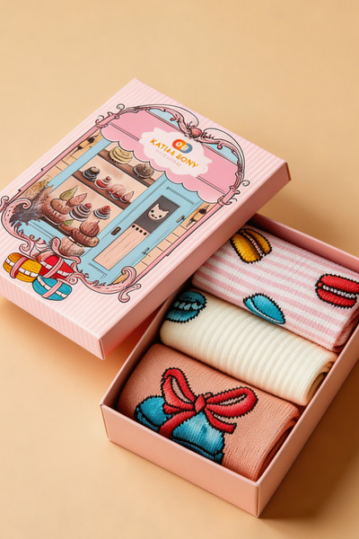 Katia&Bony Κοριτσίστικες κάλτσες με μοτίβο Macaron 3 τεμαχίων σε κουτί