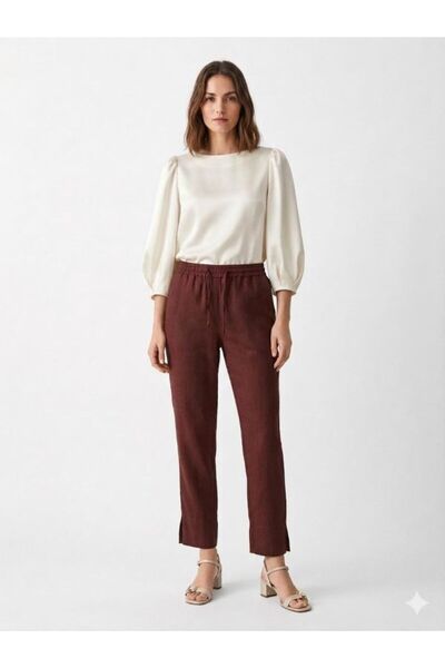 Bellea Collection Laura Bordo Keten Yazlık İpli Bel Boru Paça Kadın Pantolon