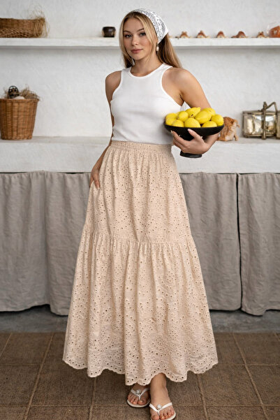 İLKCET MODA Μακριά γυναικεία φούστα με φόδρα με κέντημα