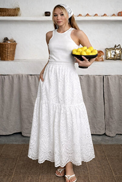 İLKCET MODA Μακριά γυναικεία φούστα με φόδρα με κέντημα