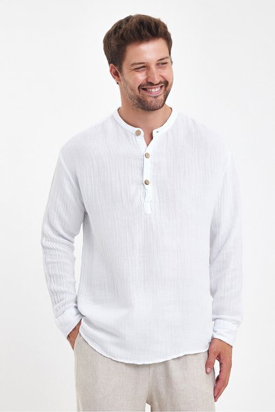 Plus Ninety Plusninety Men's Stand Collar Half Placket Cotton Muslin Oversize Shirt