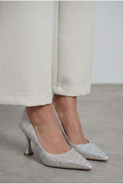 v.s.h velvet Γυναικεία βραδινά παπούτσια με τακούνι σε γκρι πέτρα με μυτερή μ...