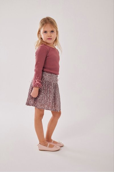 Sweet Luna Sequin Skirt and Sleeve Feather Detailed Set