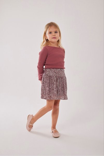 Sweet Luna Sequin Skirt and Sleeve Feather Detailed Set