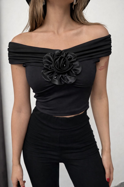 İLKCET MODA Bluză de scafandru cu guler Madonna cu accesorii trandafiri