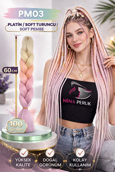 Mina Peruk Afrika Örgülük Ombreli Sentetik Saç 100 gr. - Platin / Soft Turunc...