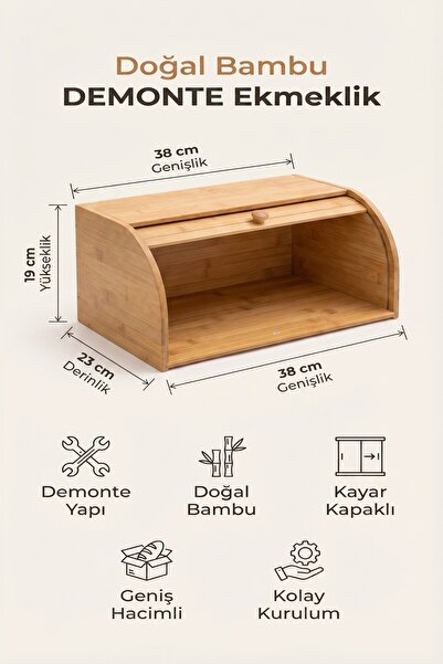 MAKRİ HOME Doğal Bambu DEMONTE Ekmeklik, Ekmek Kutusu, Kayar Kapaklı, Geniş H...