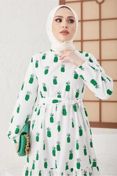 TRENDTESETTÜR KADIN YEŞİL (BENETTON) ANANAS DESENLİ KUŞAKLI ELBİSE T 714