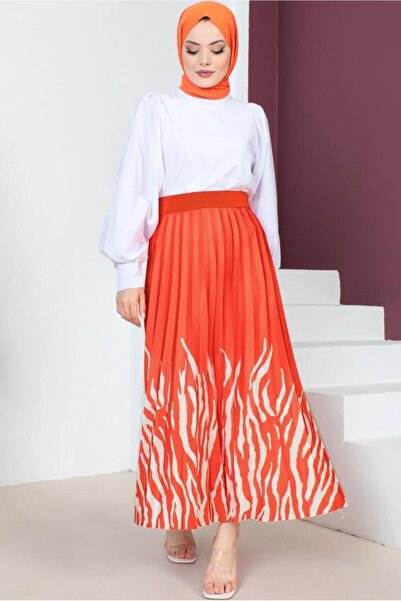 TRENDTESETTÜR KADIN NARÇİÇEĞİ (NAR ÇİÇEĞİ)  DESENLİ PİLİSELİ ETEK T 6554