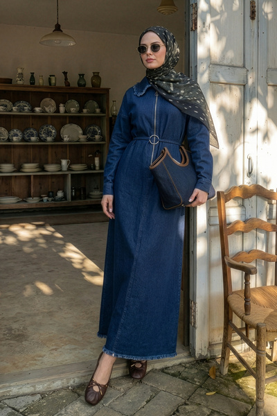 InStyle Σκούρο μπλε τζιν φόρεμα με φούντες και μισό φερμουάρ