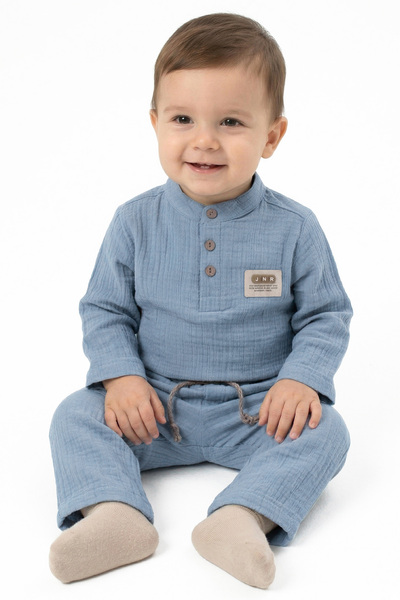 bebegen Baby Boy Blue Judge Collar Buttoned Muslin 2-Piece Set