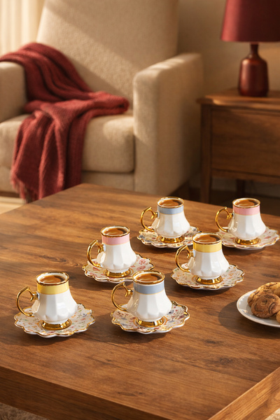 16994 Fine Gold Gilded Porcelain 6-Person Cup Set 12-Piece Turkish Coffee Cup Set-75ml