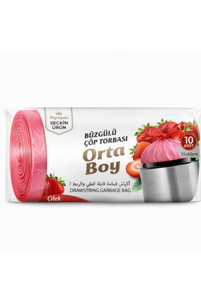 hopsepete Büzgülü Çöp Torbası Çilek Kokulu 55x60 Orta Boy 10’Lu 1 Adet