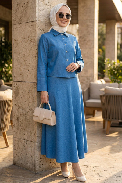 N.S NEVA STYLE Μπλε Τεσεττούρ με Φούστα, Διπλό Σετ 6287M