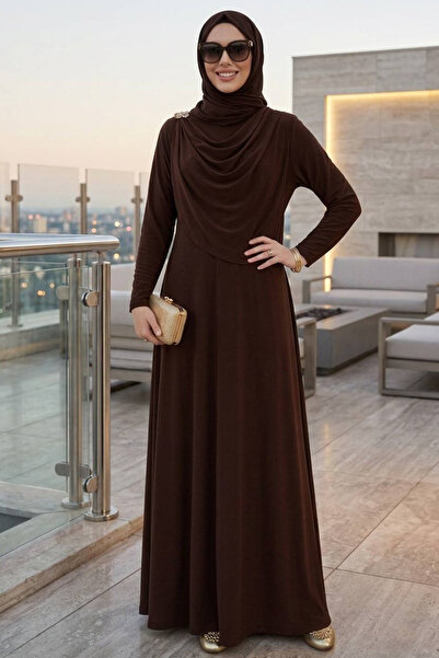 N.S NEVA STYLE Καφέ Φόρεμα Τεσεττούρ με Λεπτομέρεια Καρφίτσας 2455KH