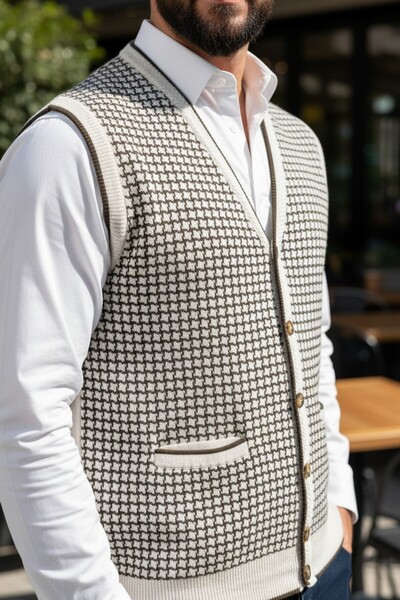 Kamalı Ανδρικό πλεκτό γιλέκο χειμερινό κατσαρόλα με τσέπες, κρεμ χρώματος, πο...