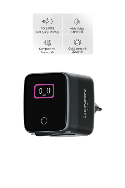 Xenon Smart Hızlı Şarj Adaptörü | 70W, GaN, USB-C & USB-A, Dahili Type-C Kablo, PD PPS, Dijital Ekran (X6413)