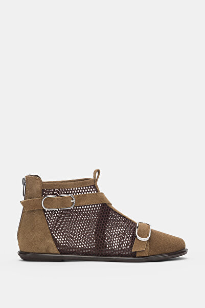 selin shoes Vario File Detay Çift Toka Aksesuar Arkadan Fermuarlı Kadın Ayakkabı- KOYU VİZON