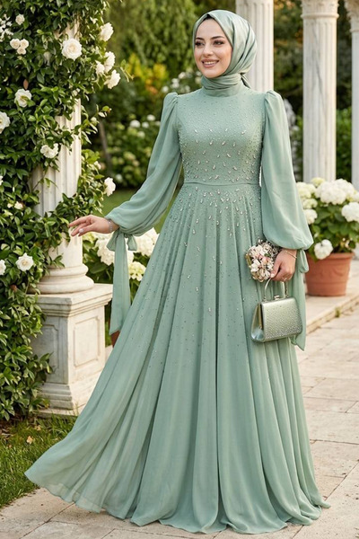 N.S NEVA STYLE Rochie de seară Hijab mentă brodată cu mărgele 5283MINT