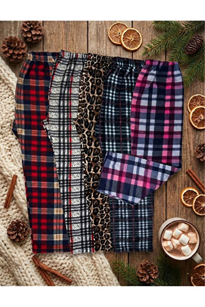 MODA YILDIZ Γυναικείες πιτζάμες από φλις 5 τεμαχίων - Κόκκινο και ροζ καρό, μ...