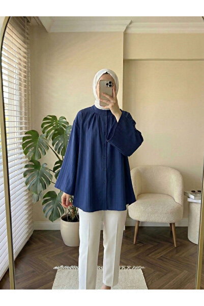 HİFADEN Kadın Uzun Kollu Salaş Hakim Yaka Düğmeli Oversize Tesettür Gömlek