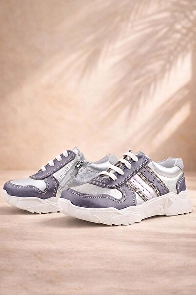 Rakerplus Hakiki Deri Platin Pembe Parlak Taşlı Kız Çocuk Sneakers Ayakkabı