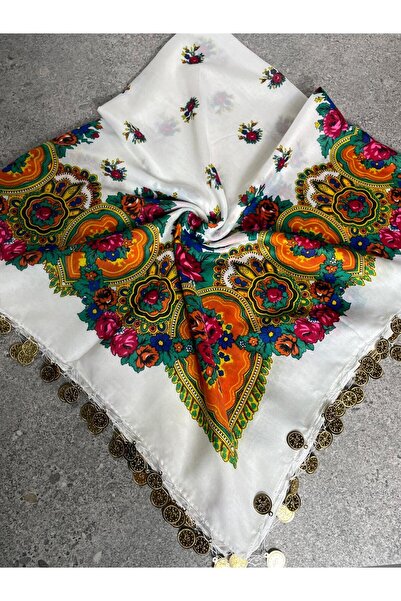 Sobe Hediyelik Mardin Yazması Beyaz Zeminde Çiçek Desenli Pullu Başörtüsü – G...