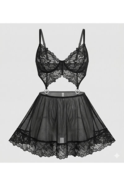 randevu Μίνι νυχτικό από δαντέλα και τούλι με καρδιές και πέτρες