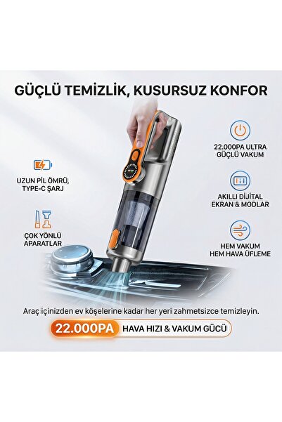 MATECHNO 2in1 Kablosuz Işıklı Yüksek Araç Süpürgesi 22.000PA Çekim Gücü Vakum...