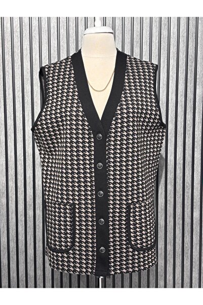 Özenli Triko Steel Knit 5 Button Houndstooth Patterned Mother Vest Black Beige