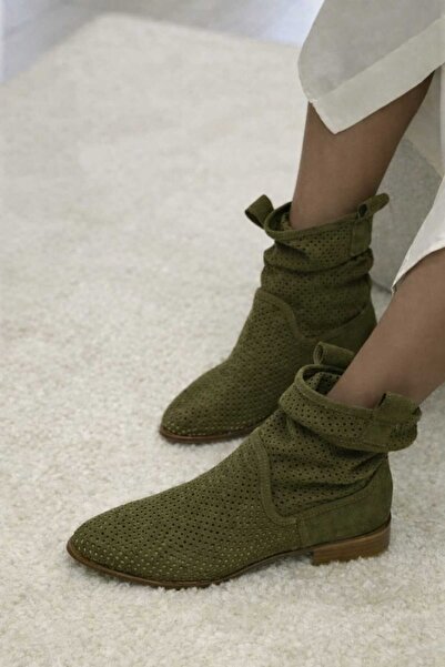 POTEEN Devine Suede Καλοκαιρινές Μπότες με Χαμηλό Τακούνι και Διάτρητο Σχέδιο...