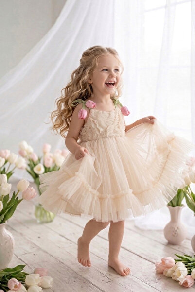 ALYRA Kız Bebek 3D Çiçekli Askılı Elbise Özel Gün Doğum Günü Düğün Parti Kız ...