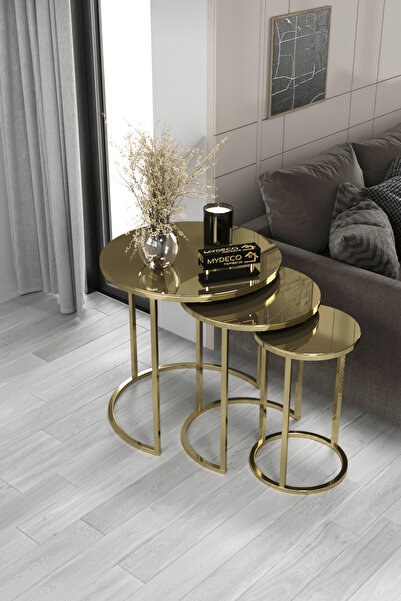 Genel Markalar Desing Gold Metal Kırılmaz Bronz Ayna 3'lü Zigon Sehpa