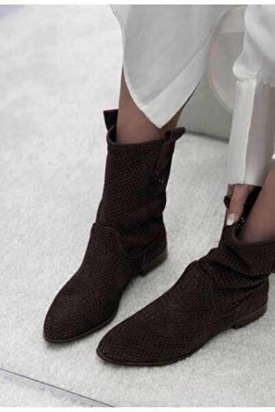 POTEEN Devine Suede Καλοκαιρινές Μπότες με Χαμηλό Τακούνι και Διάτρητο Σχέδιο...