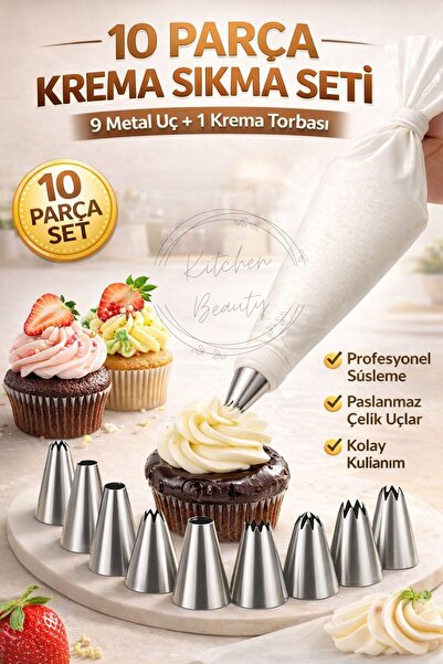 İndirimKap Krema Sıkma Torbası Seti 10 Parça Pasta Krema Kek Süsleme Torbası ...