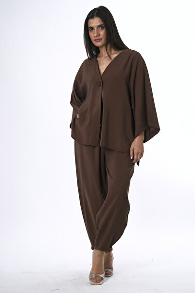 ABBRA Γυναικείο Σετ Παντελόνι Σαλβάρ με Ελαστική Μέση και Ένα Κουμπί