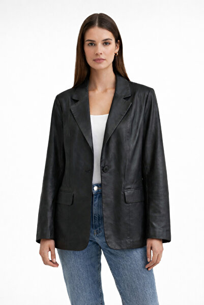 Basics&More Kadın Tek Düğmeli Blazer Siyah Deri Ceket B2020