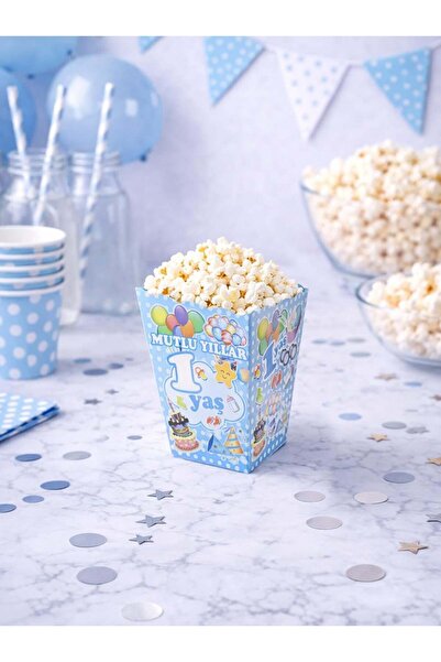 Parti Adresi 1 Yaş Temalı Mısır Kutusu - Puantiyeli Popcorn Kutusu Mavi 12'li