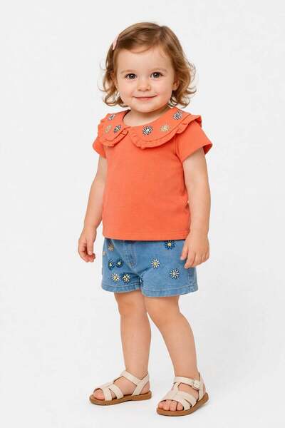 Baby Girl Single Jersey Daisy Embroidered 2pcs Summer Shorts Set Bottom Top 100% Cotton Peter Pan Neck 6-24m