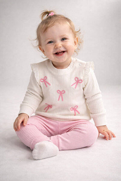 dinamik çocuk Baby Girl Top and Bottom Set with Bow, Ribbed 2-Thread, Seasona...