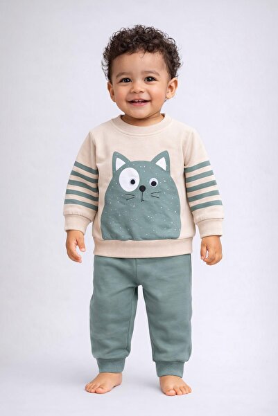 dinamik çocuk Baby Boy Cute Cat Printed 2-Piece Transitional Tracksuit Set – ...