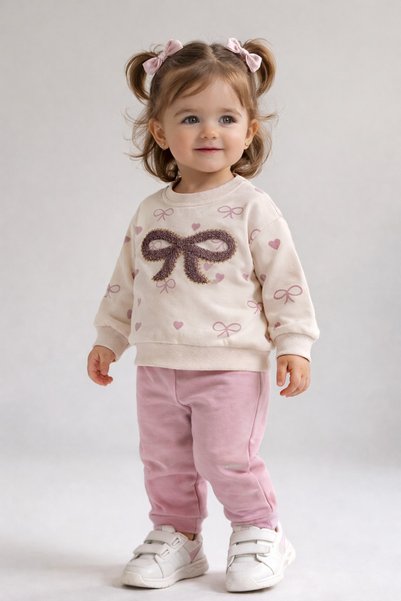 dinamik çocuk Baby Girl Heart Bow Embroidered 2-Piece Top and Bottom Set 2Yar...