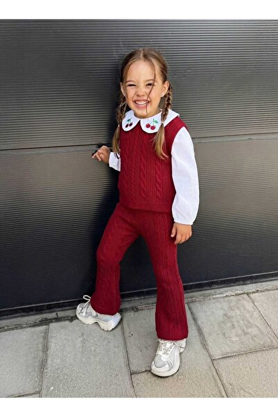 Sweet Luna Kız Çocuk Kırmızı Gömlek Kol Triko Takım