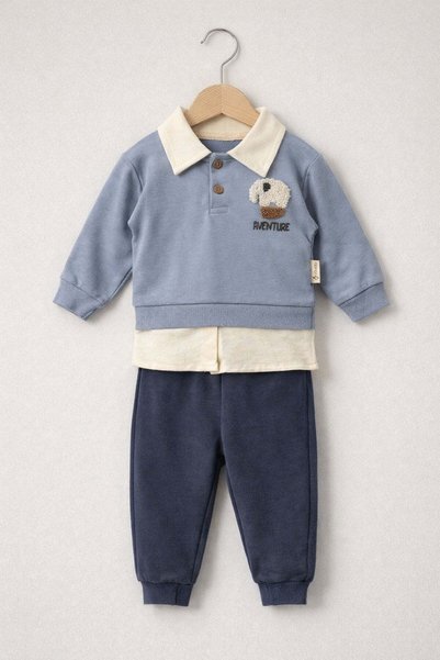 dinamik çocuk Baby Boy Elephant Embroidered Polo Collar Top and Bottom Set 2-Piece Non-Padded Seasonal Tracksuit Set for Holidays