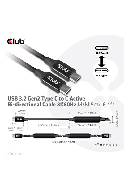 Club 3D Cablu activ Club3D USB 3.2 Gen2 Tip-C la C 8K60Hz M/M 5m Negru