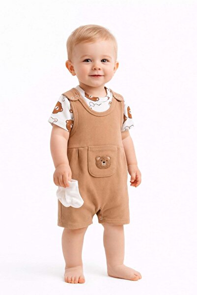 dinamik çocuk Baby Boy Süzene Teddy Bear Short Sleeve Snap-On Bodysuit & Ribb...